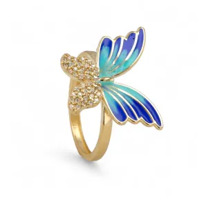 14K Yellow gold two color hand painted blue monarca diamonds butterfly ring-633939