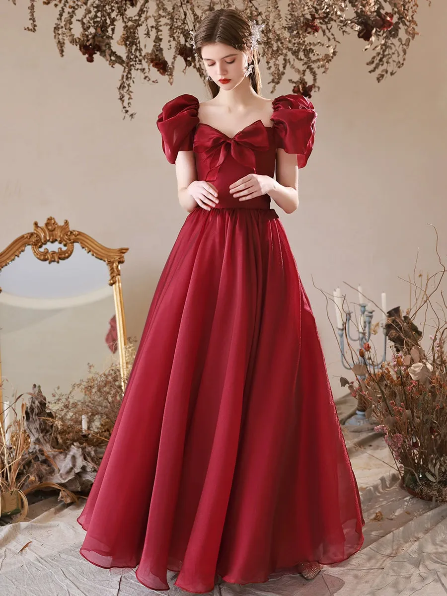 A-Line Burgundy Tulle Long Prom Dress, Burgundy Formal Dress