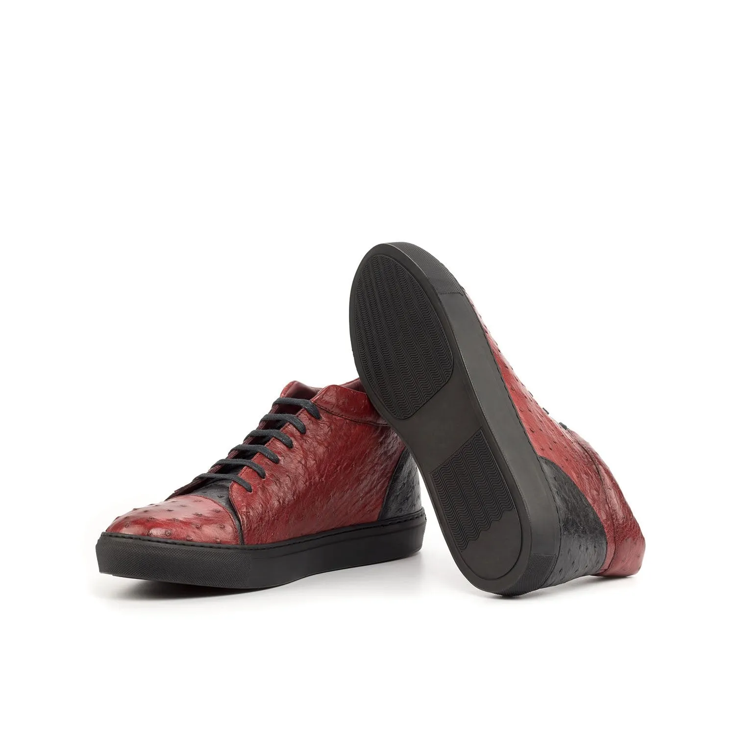 Ambrogio Bespoke Custom Men's Shoes Red & Black Exotic Ostrich High-Top Sneakers (AMB1866)