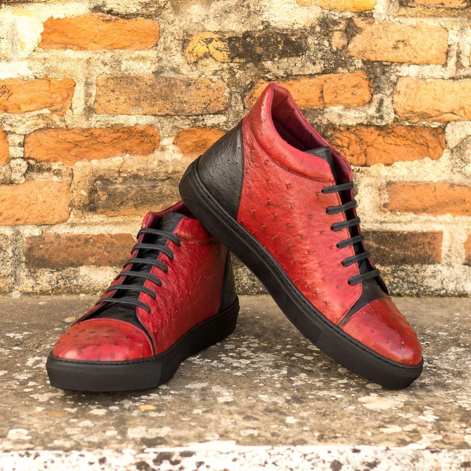 Ambrogio Bespoke Custom Men's Shoes Red & Black Exotic Ostrich High-Top Sneakers (AMB1866)