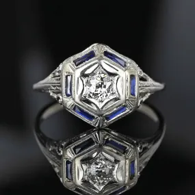 Art Deco 18K White Gold Filigree Sapphire Diamond Ring