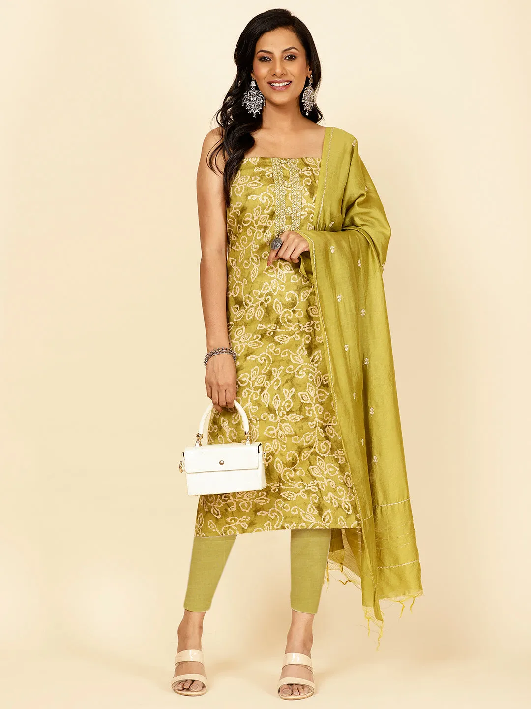 Bandhani Printed Cotton Unstitched Suit Piece With Dupatta