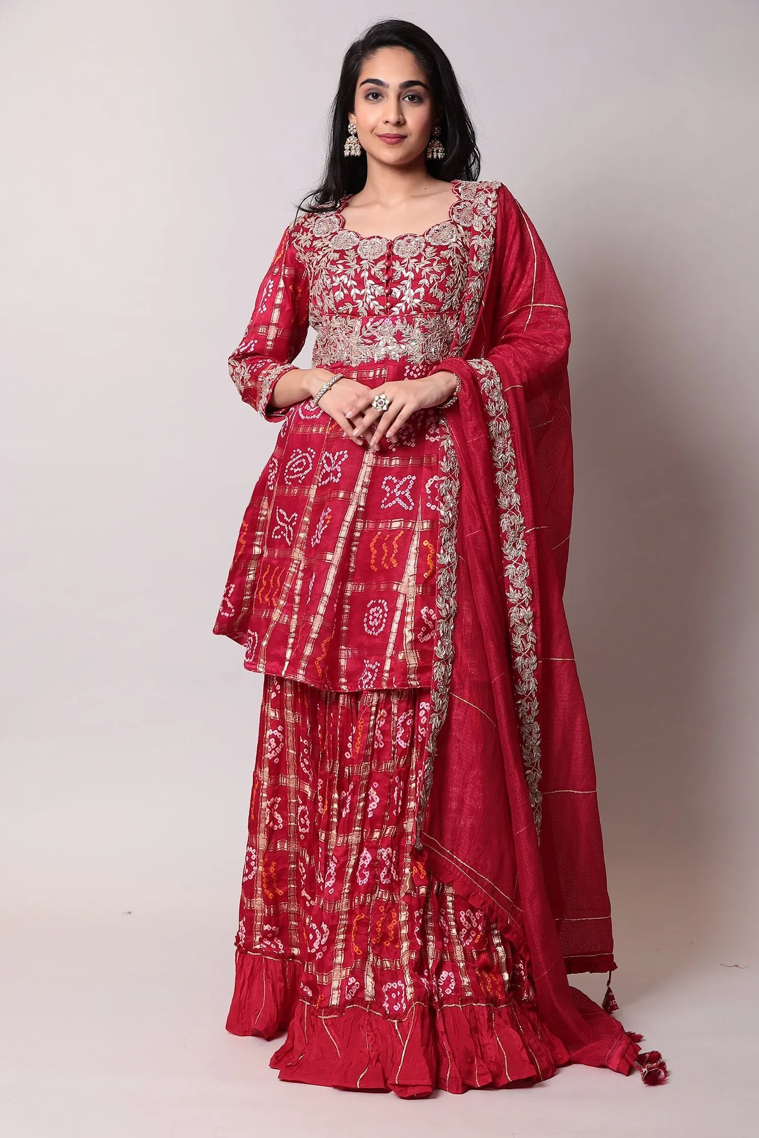 Bandhej Cotton silk Suit with Gota Patti, Ghatchola work.