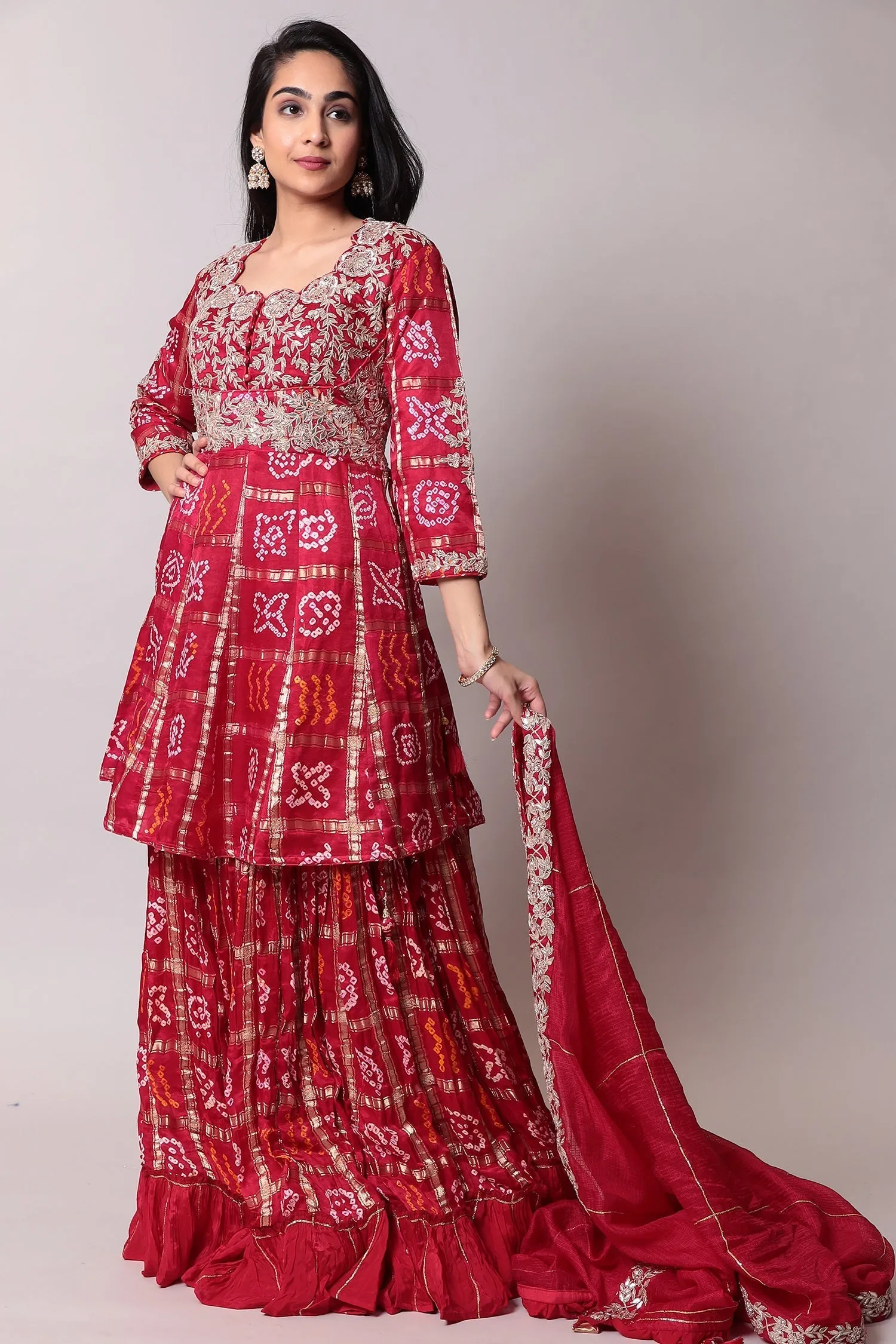 Bandhej Cotton silk Suit with Gota Patti, Ghatchola work.