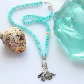 Beach Life - Peruvian Opal Silk Knotted Necklace with Silver Beach Charms