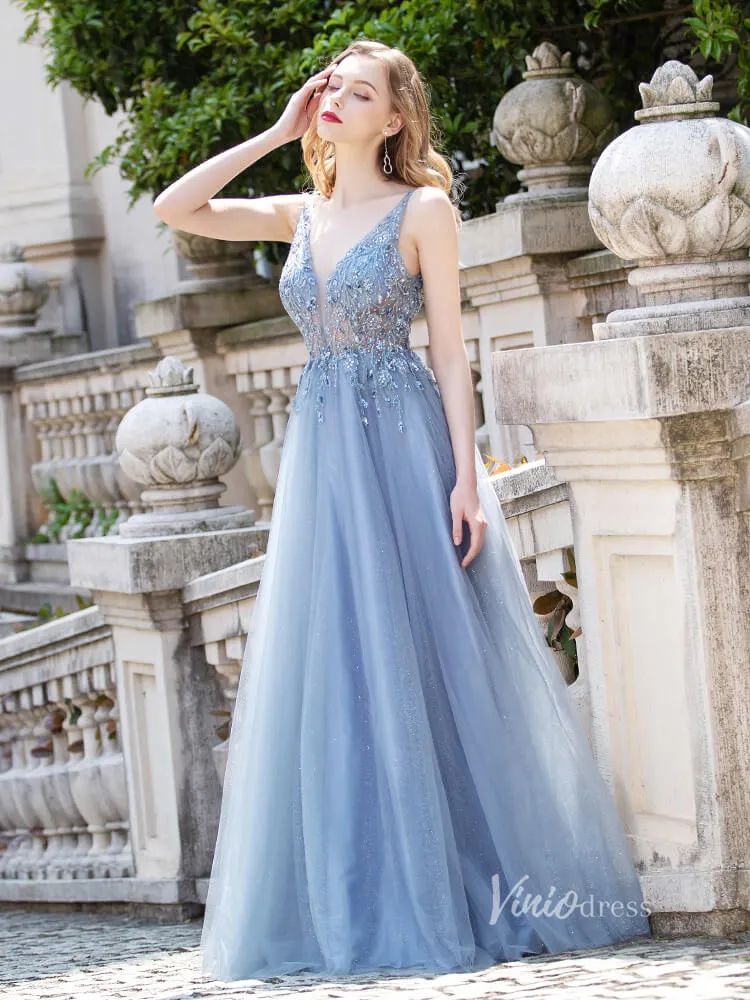 Beaded A-line Tulle Prom Dress V-neck Evening Dress FD2803