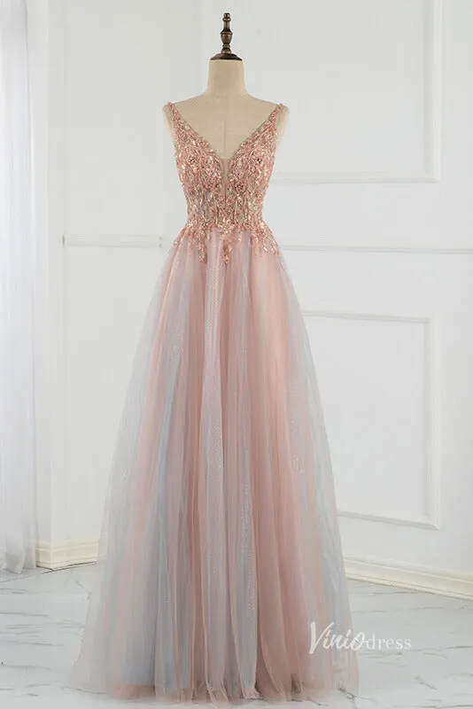 Beaded A-line Tulle Prom Dress V-neck Evening Dress FD2803