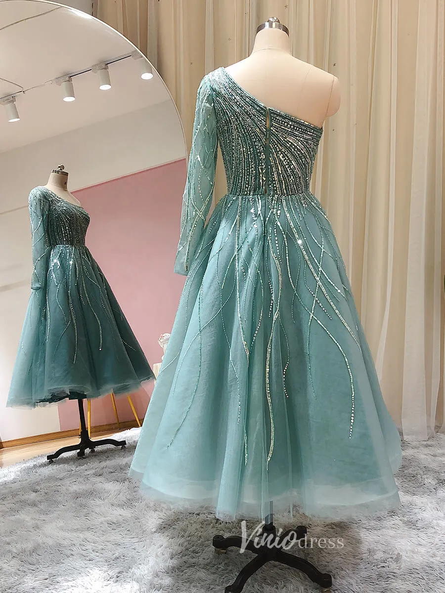 Beaded Light Green Tea Length Evening Dress One Shoulder Long Sleeve Prom Dress 20096