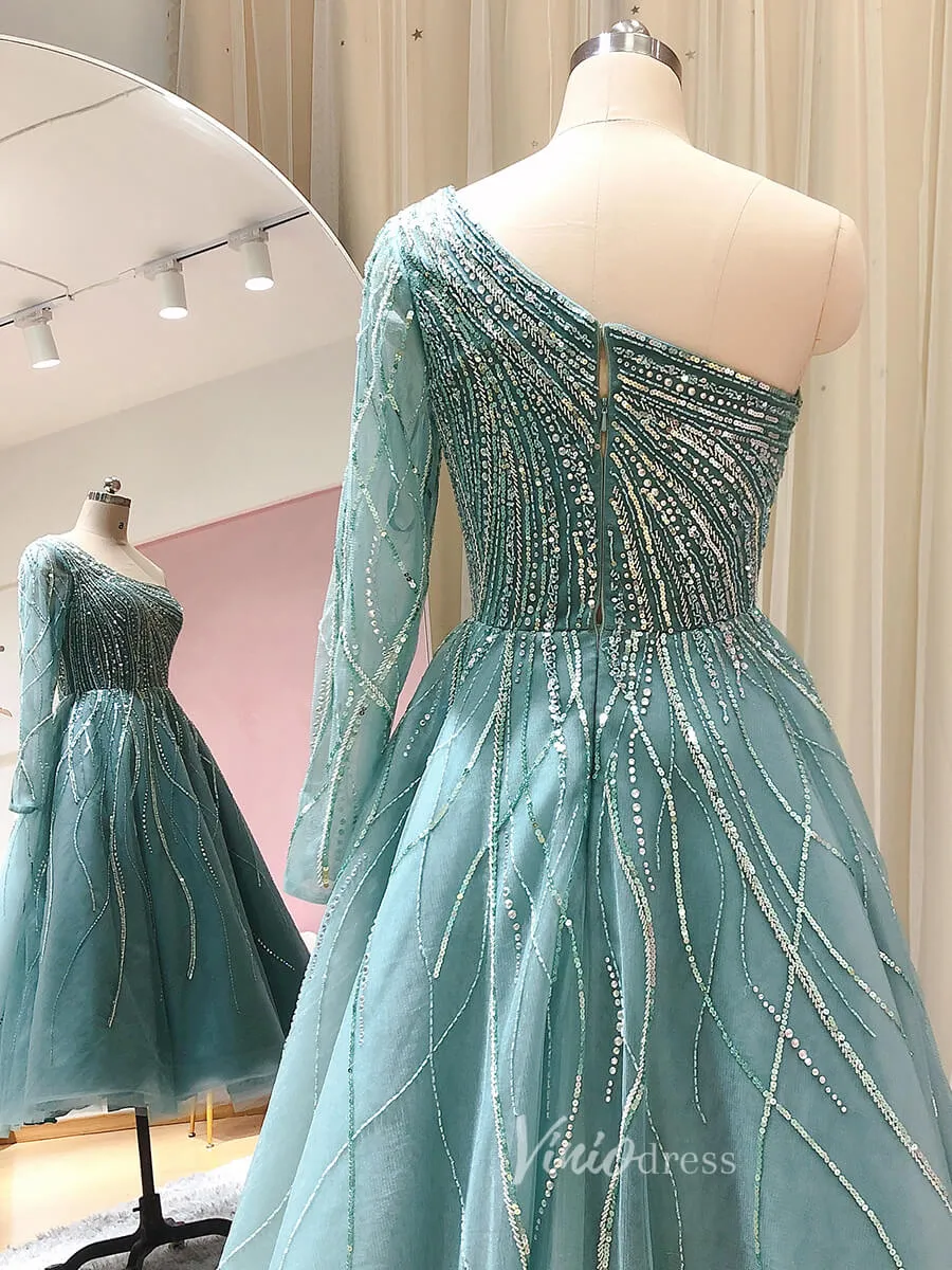 Beaded Light Green Tea Length Evening Dress One Shoulder Long Sleeve Prom Dress 20096