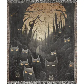 Black Cat Moon Woven Blanket