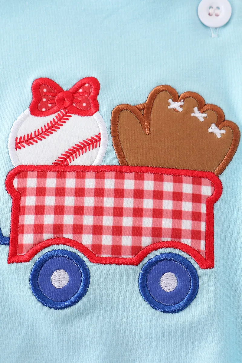 Blue baseball applique girl bubble