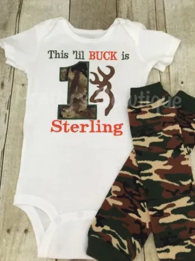 Boys Camo Hunting 1st birthday Shirt or bodysuit and legwarmers. This little buck is One