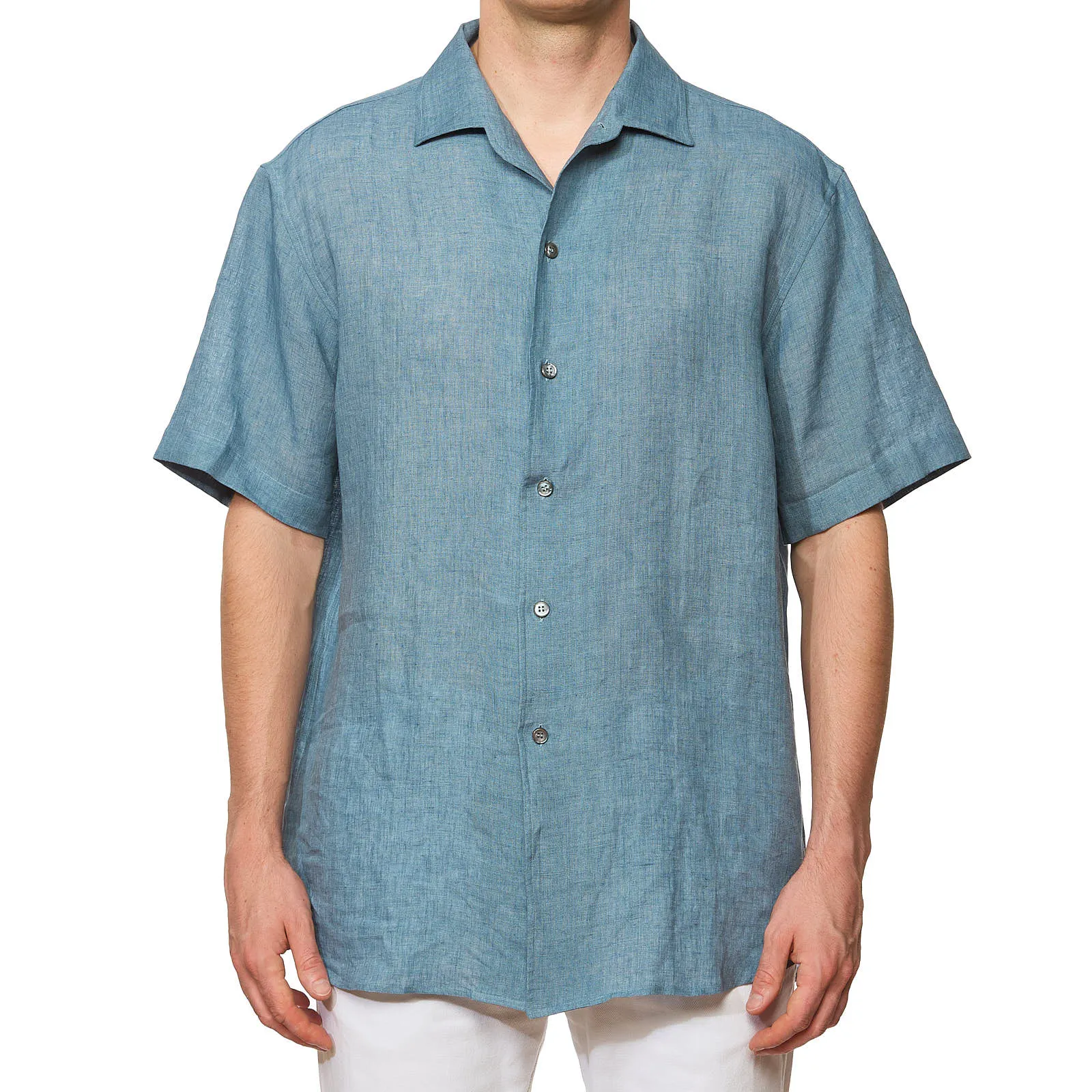 BRIONI Blue Linen Short Sleeve Shirt NEW XL