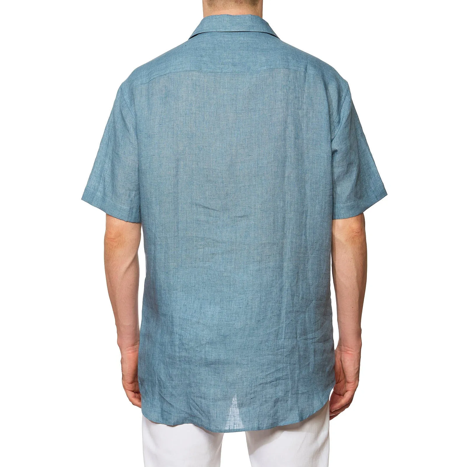 BRIONI Blue Linen Short Sleeve Shirt NEW XL