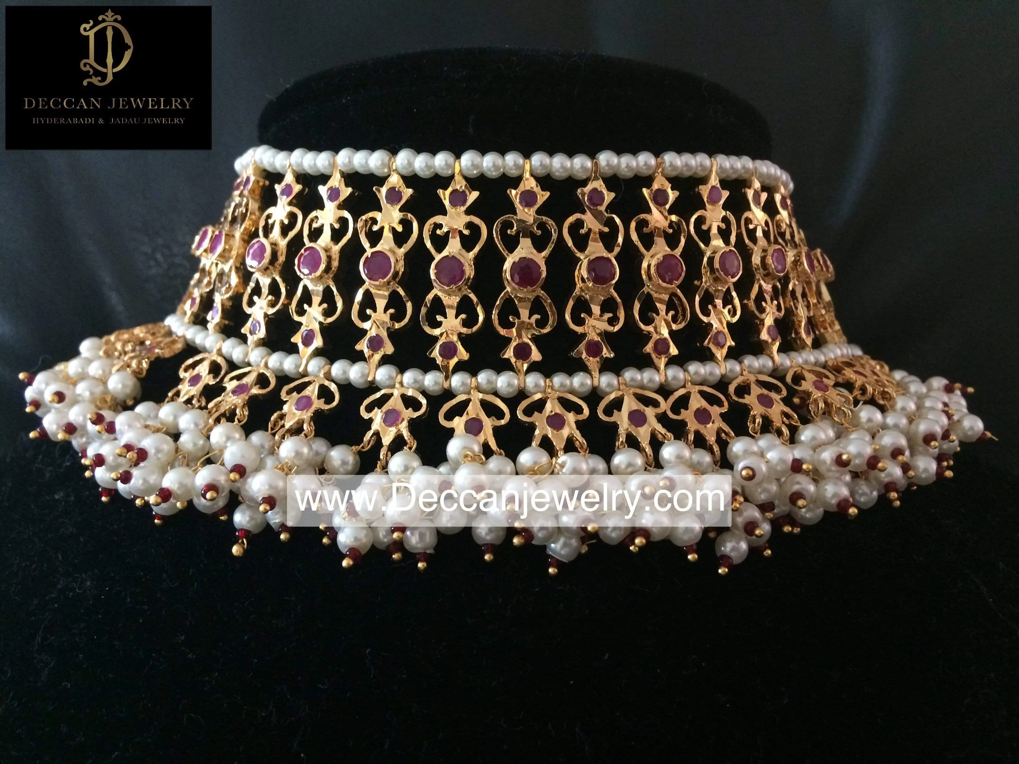 C14 Viya bridal choker set in rubies and pearls  (SHIPS IN 4 WEEKS )