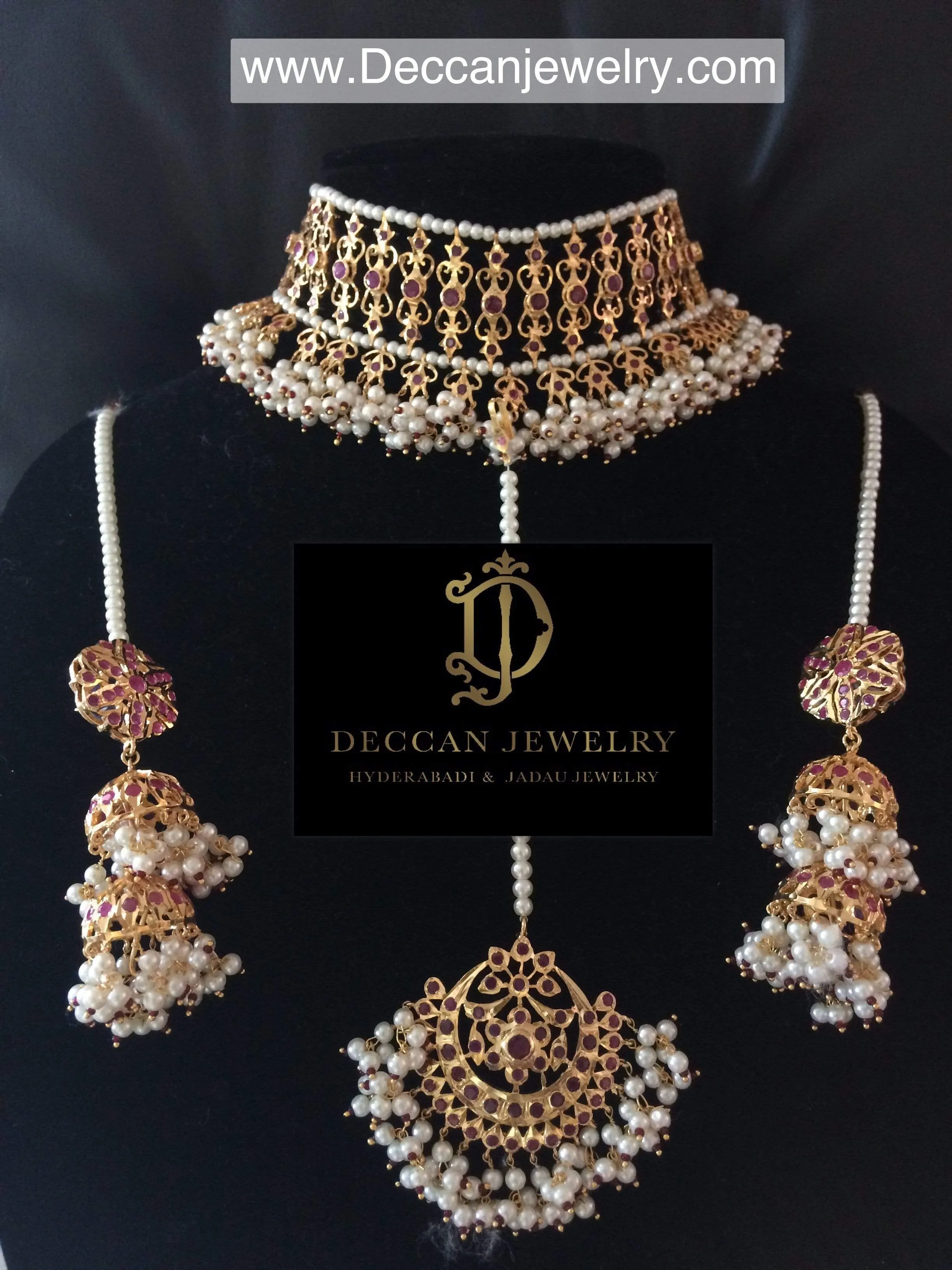 C14 Viya bridal choker set in rubies and pearls  (SHIPS IN 4 WEEKS )