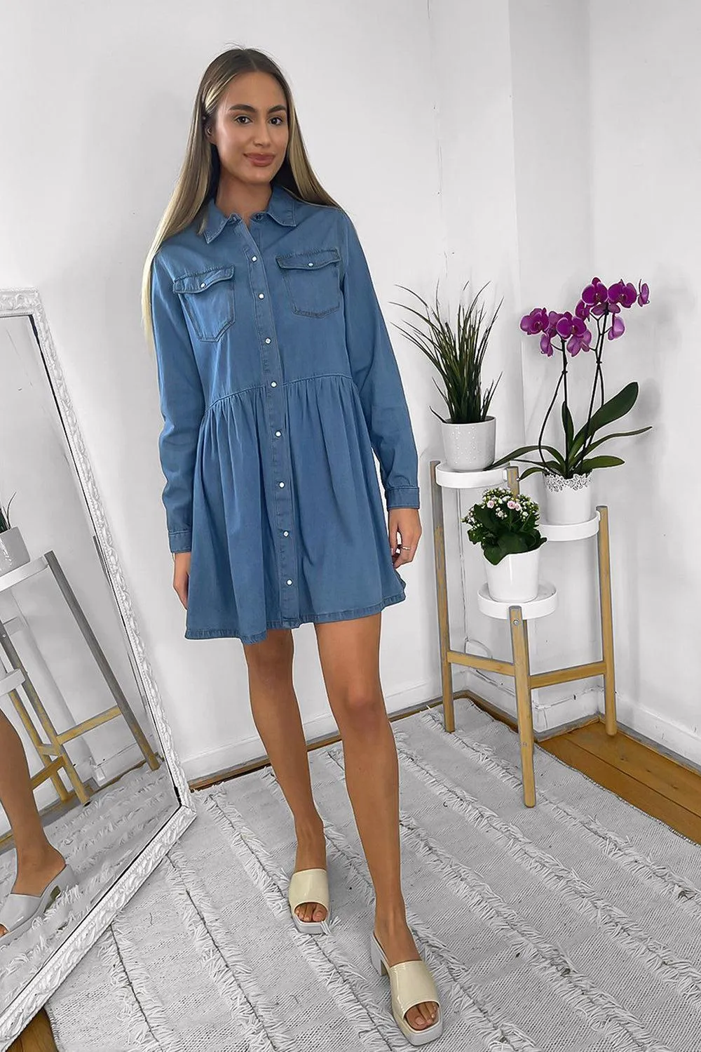 Denim Blue Pearl Buttons Frill Hen Denim Shirt Dress