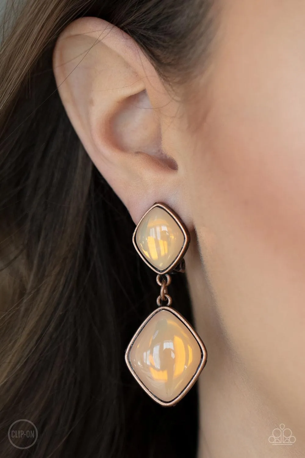 Double Dipping Diamonds Copper & Peach Opal Clip-On Earrings - Paparazzi Accessories