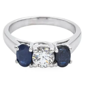 Estate 14K White Gold Sapphire & 0.65 Ct Diamond Three-Stone Band Ring Size 6.5