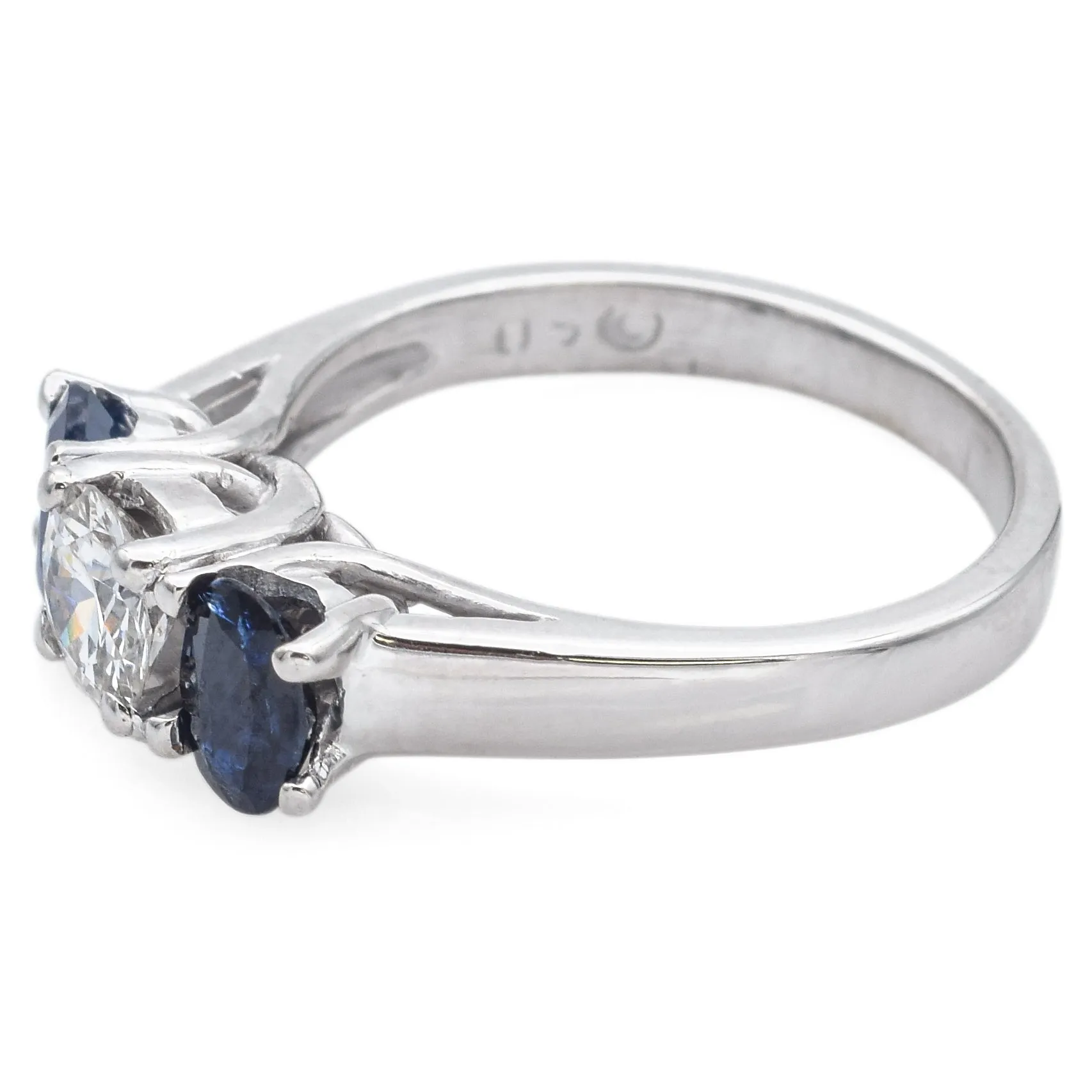 Estate 14K White Gold Sapphire & 0.65 Ct Diamond Three-Stone Band Ring Size 6.5