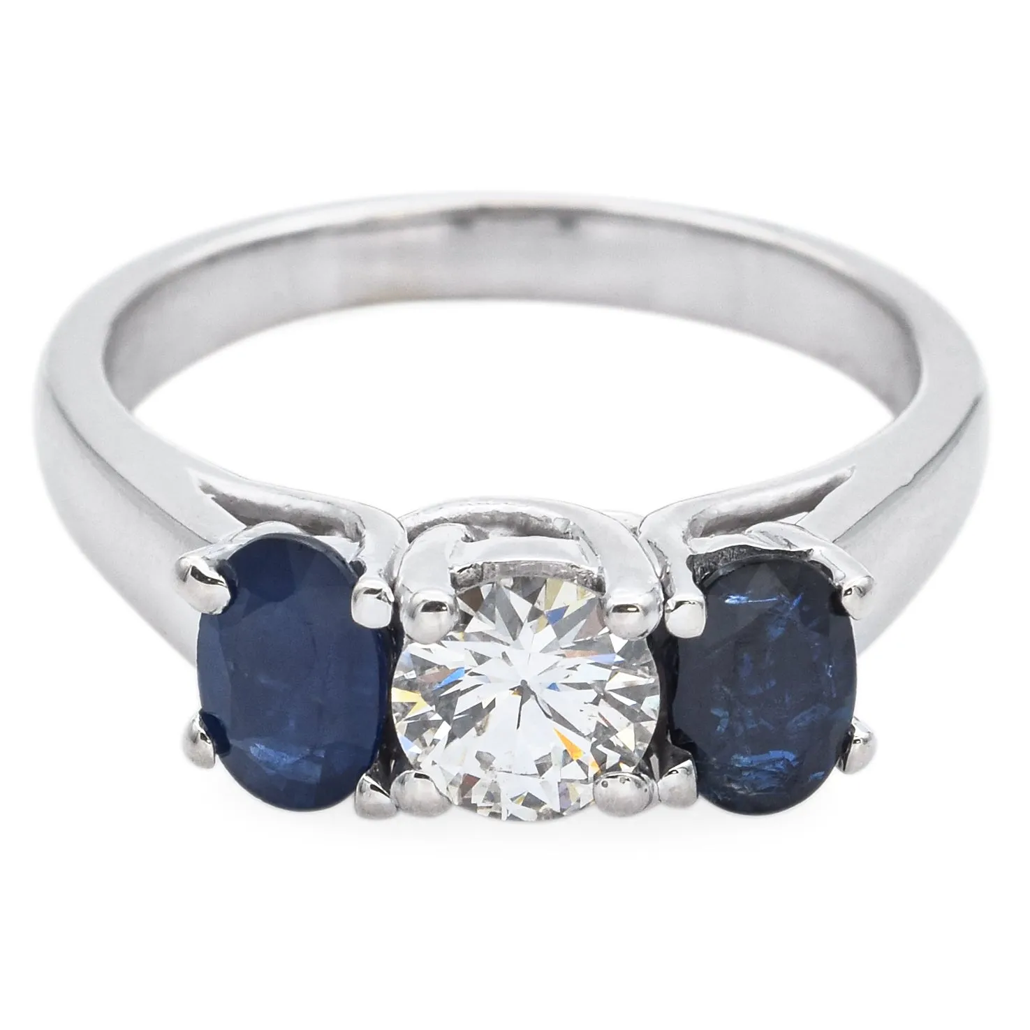 Estate 14K White Gold Sapphire & 0.65 Ct Diamond Three-Stone Band Ring Size 6.5