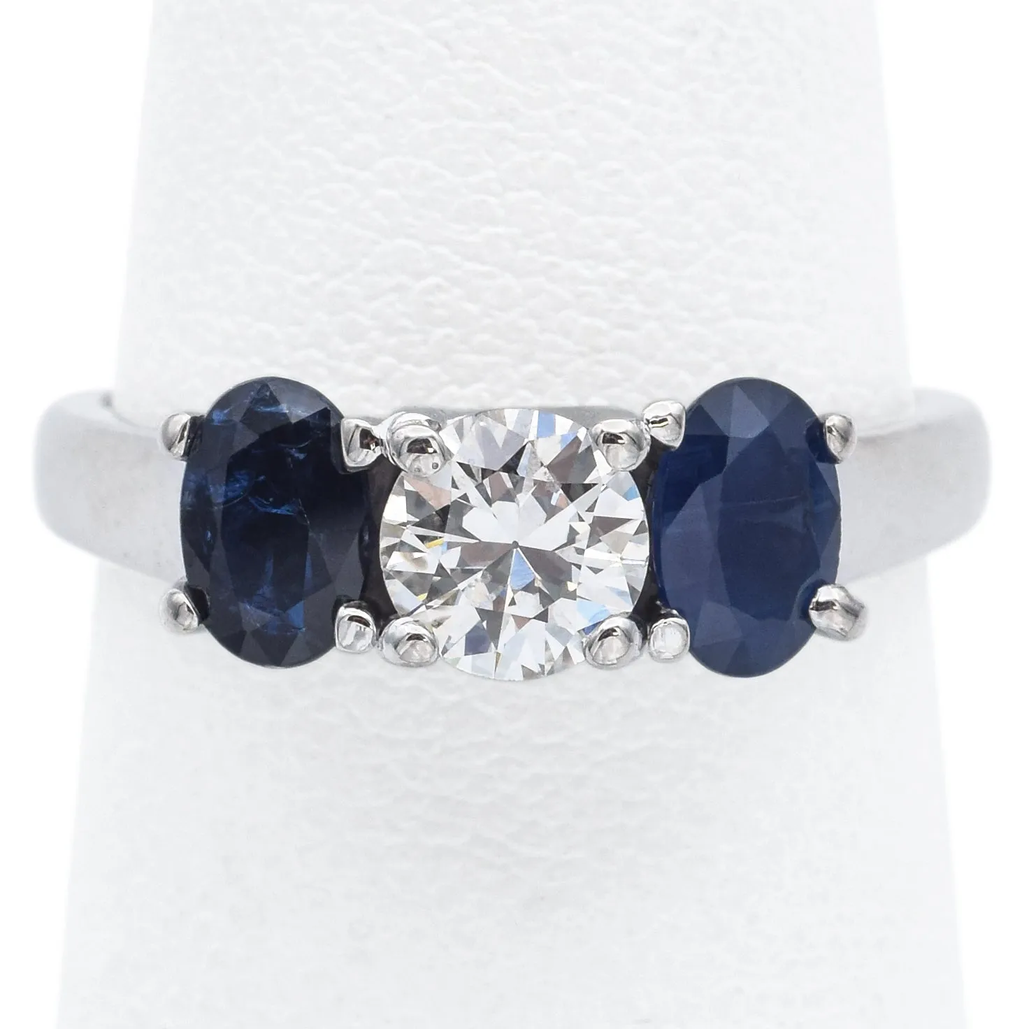 Estate 14K White Gold Sapphire & 0.65 Ct Diamond Three-Stone Band Ring Size 6.5