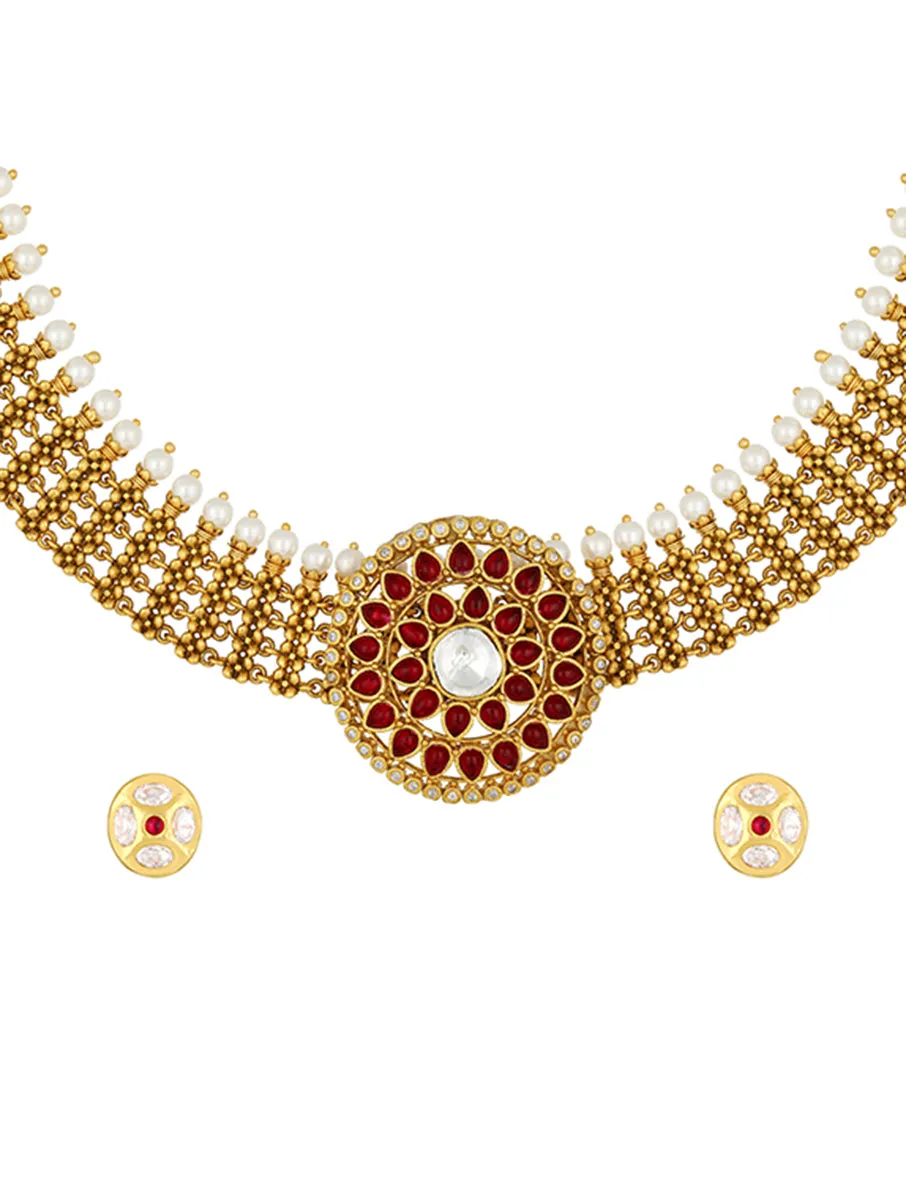 Golden, Red, Creme,  Kundan Polki, Pearls, Necklace Set