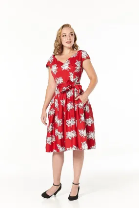 Haisley V Neck, Midi Floral Fit&Flare Dress in Cotton Sateen