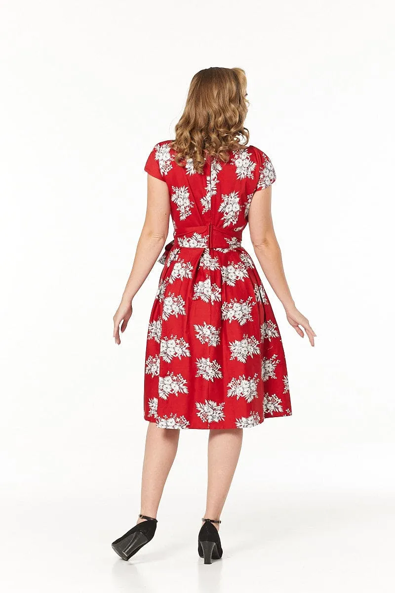 Haisley V Neck, Midi Floral Fit&Flare Dress in Cotton Sateen