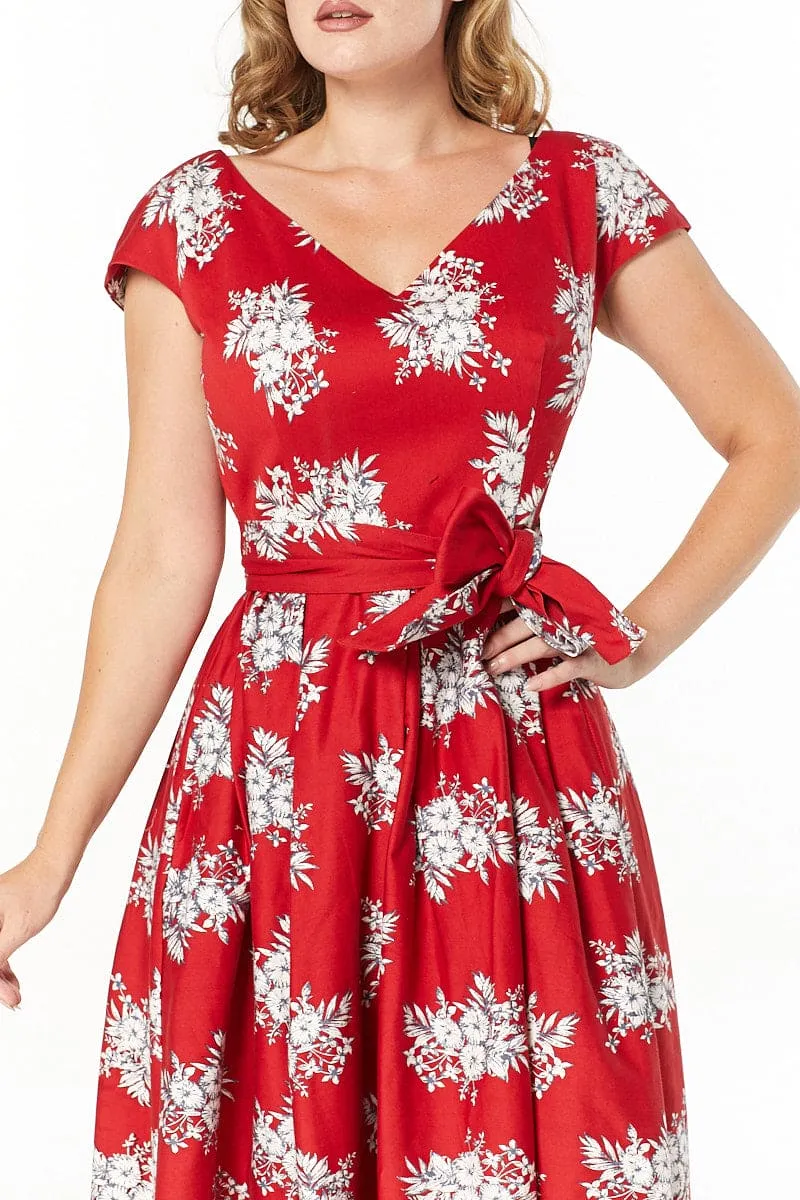 Haisley V Neck, Midi Floral Fit&Flare Dress in Cotton Sateen