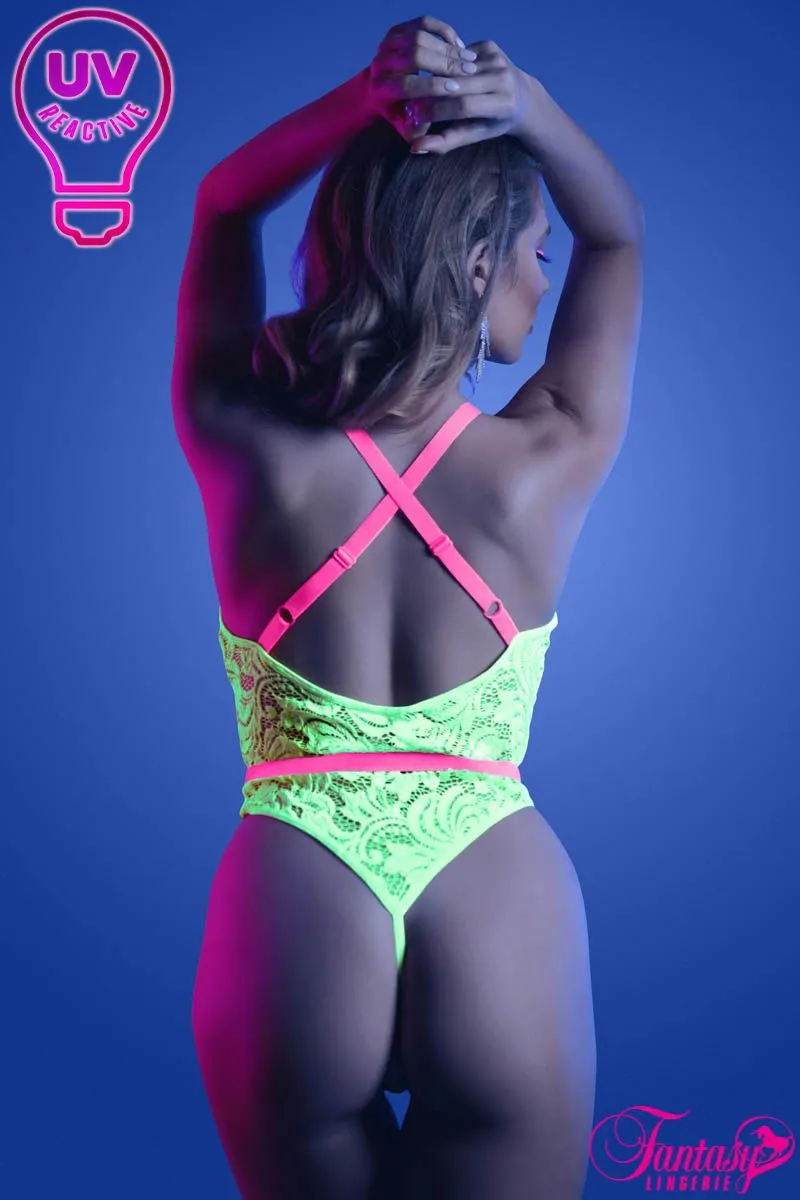 High Leg UV Reactive Lace Teddy