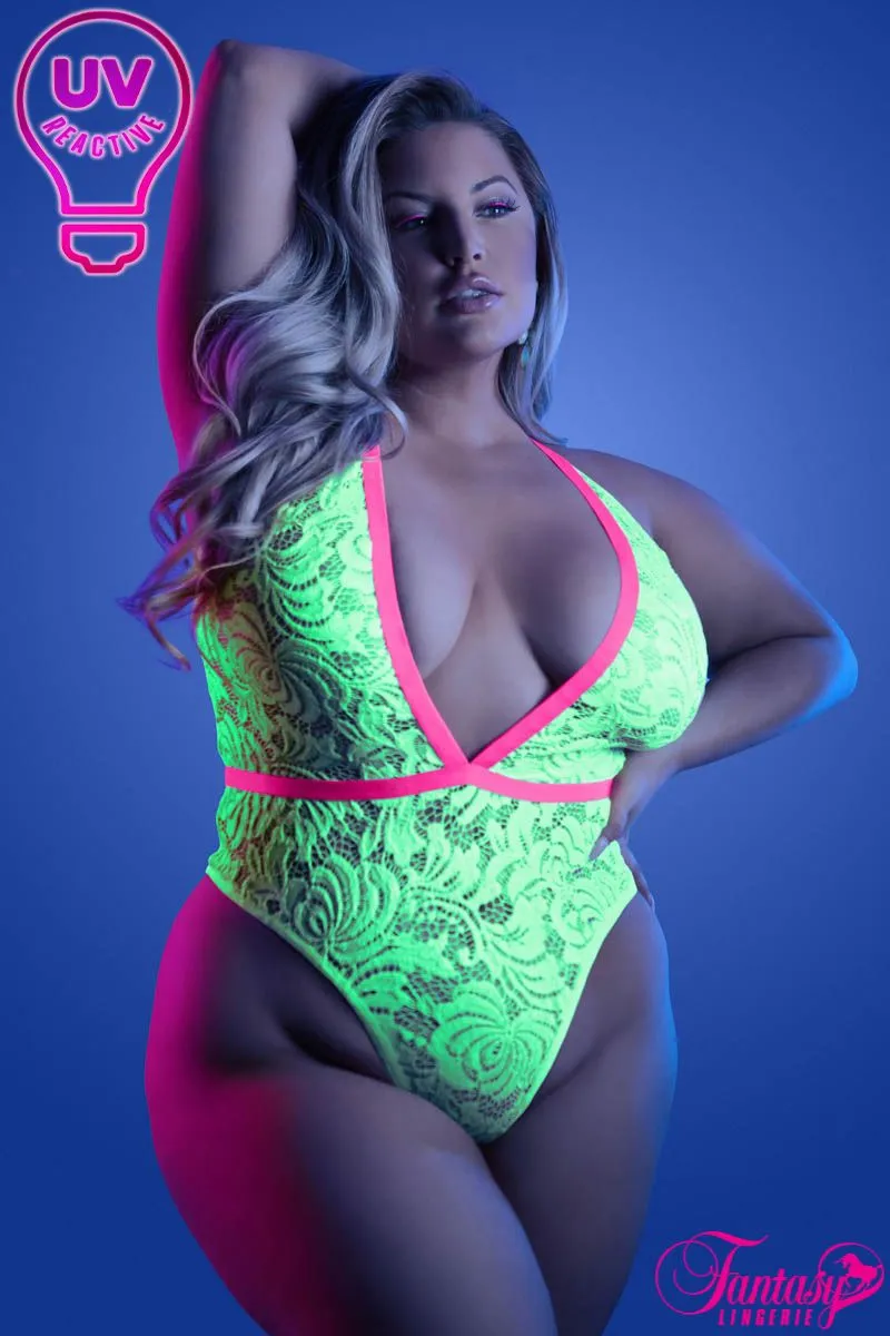 High Leg UV Reactive Lace Teddy