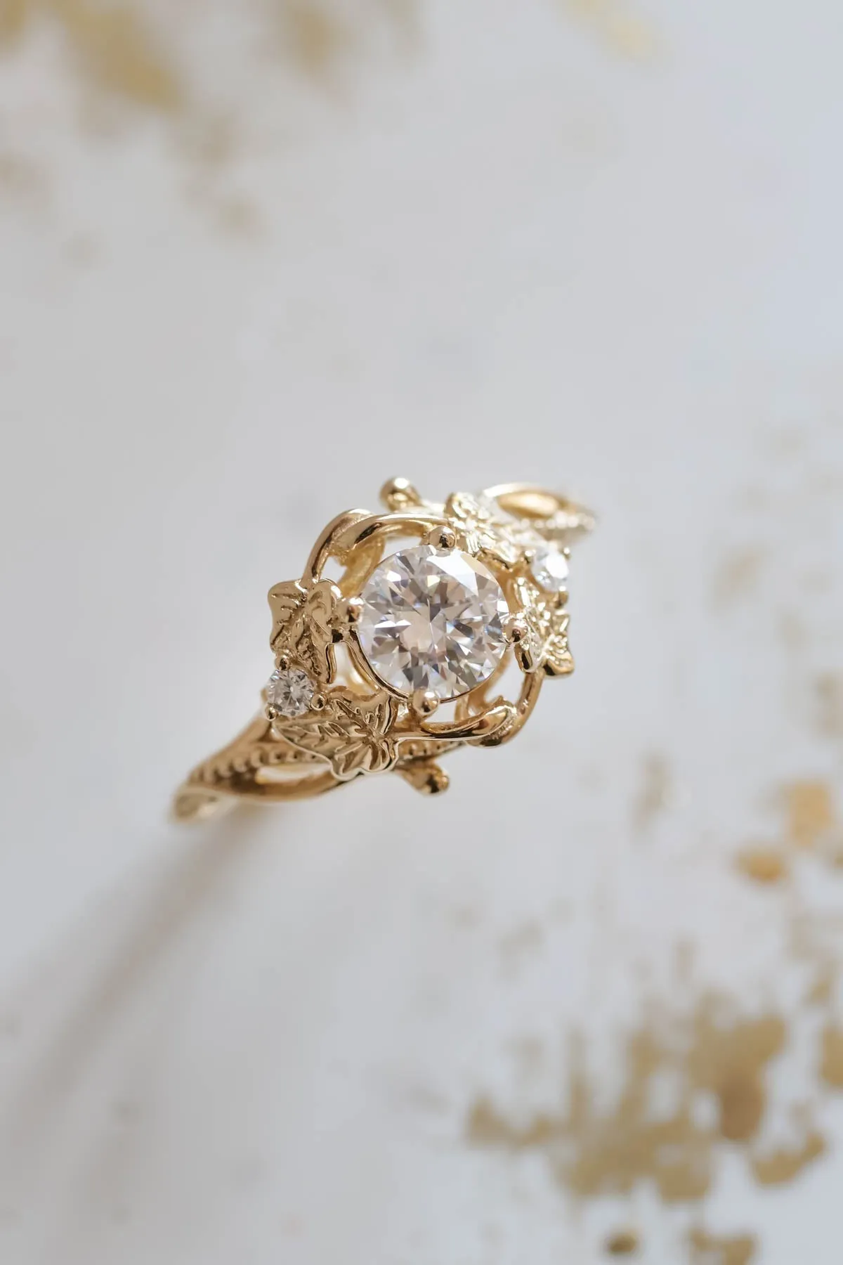 Lab grown diamond engagement ring, gold leaves ring / Ivy Undina