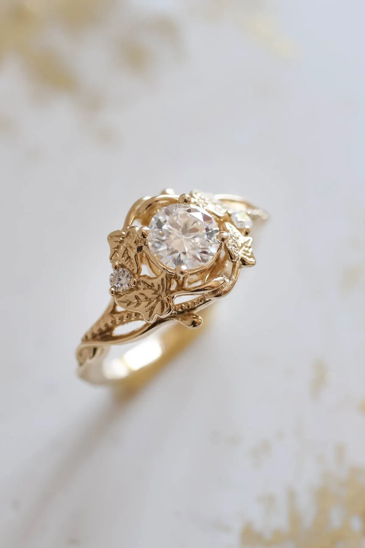 Lab grown diamond engagement ring, gold leaves ring / Ivy Undina