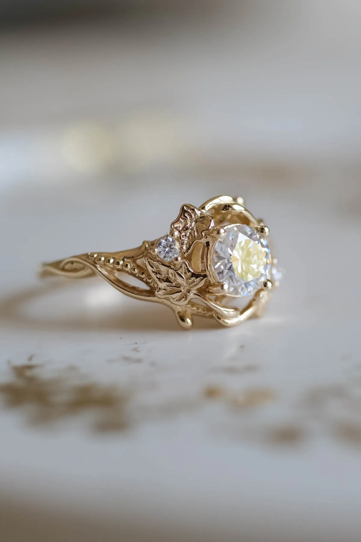 Lab grown diamond engagement ring, gold leaves ring / Ivy Undina