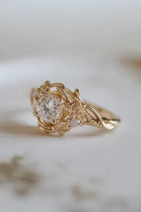 Lab grown diamond engagement ring, gold leaves ring / Ivy Undina