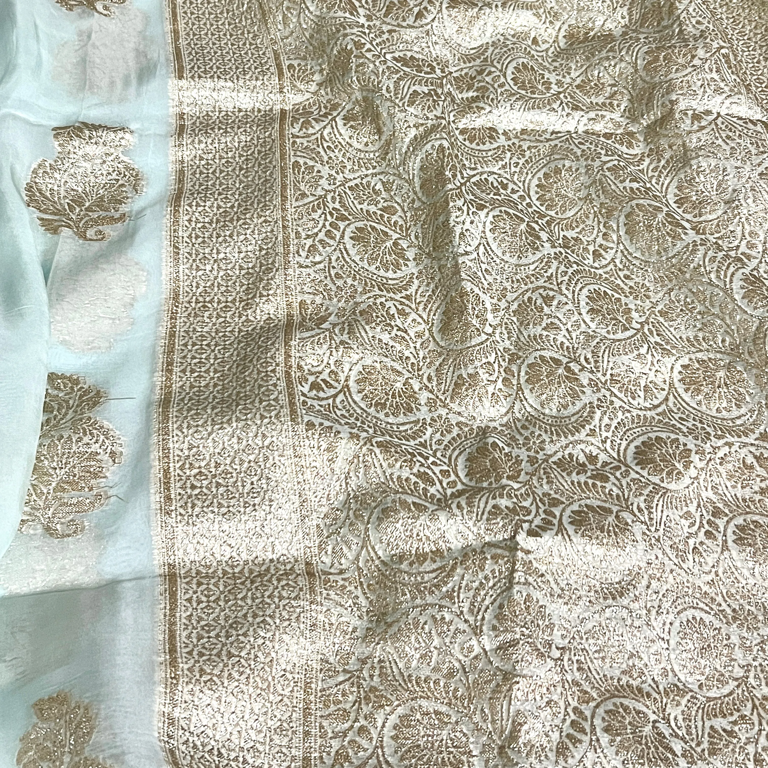 Light Pastel Blue Banarasi Russian Georgette Silk Saree with stitched Blouse