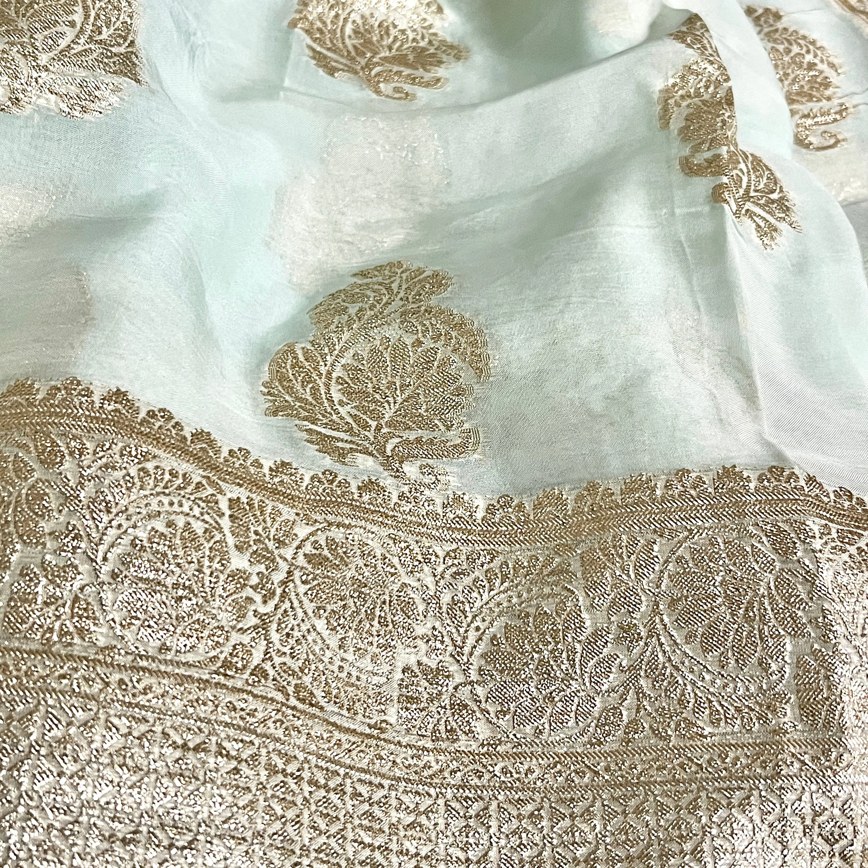 Light Pastel Blue Banarasi Russian Georgette Silk Saree with stitched Blouse