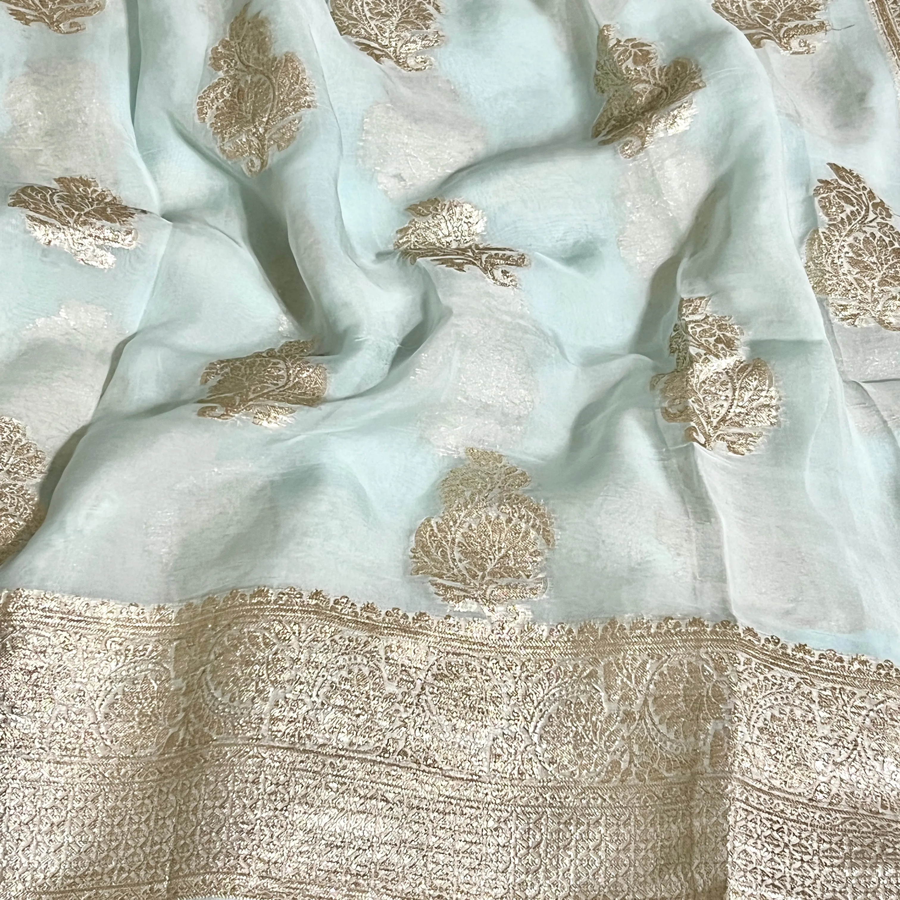 Light Pastel Blue Banarasi Russian Georgette Silk Saree with stitched Blouse