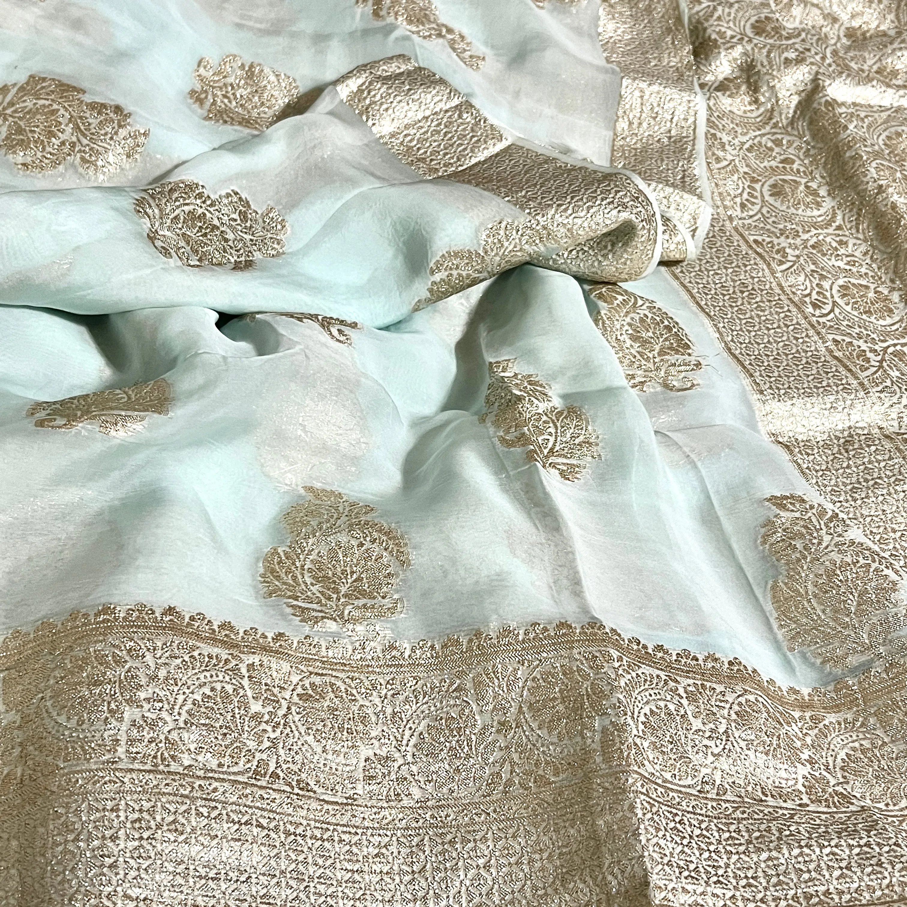 Light Pastel Blue Banarasi Russian Georgette Silk Saree with stitched Blouse