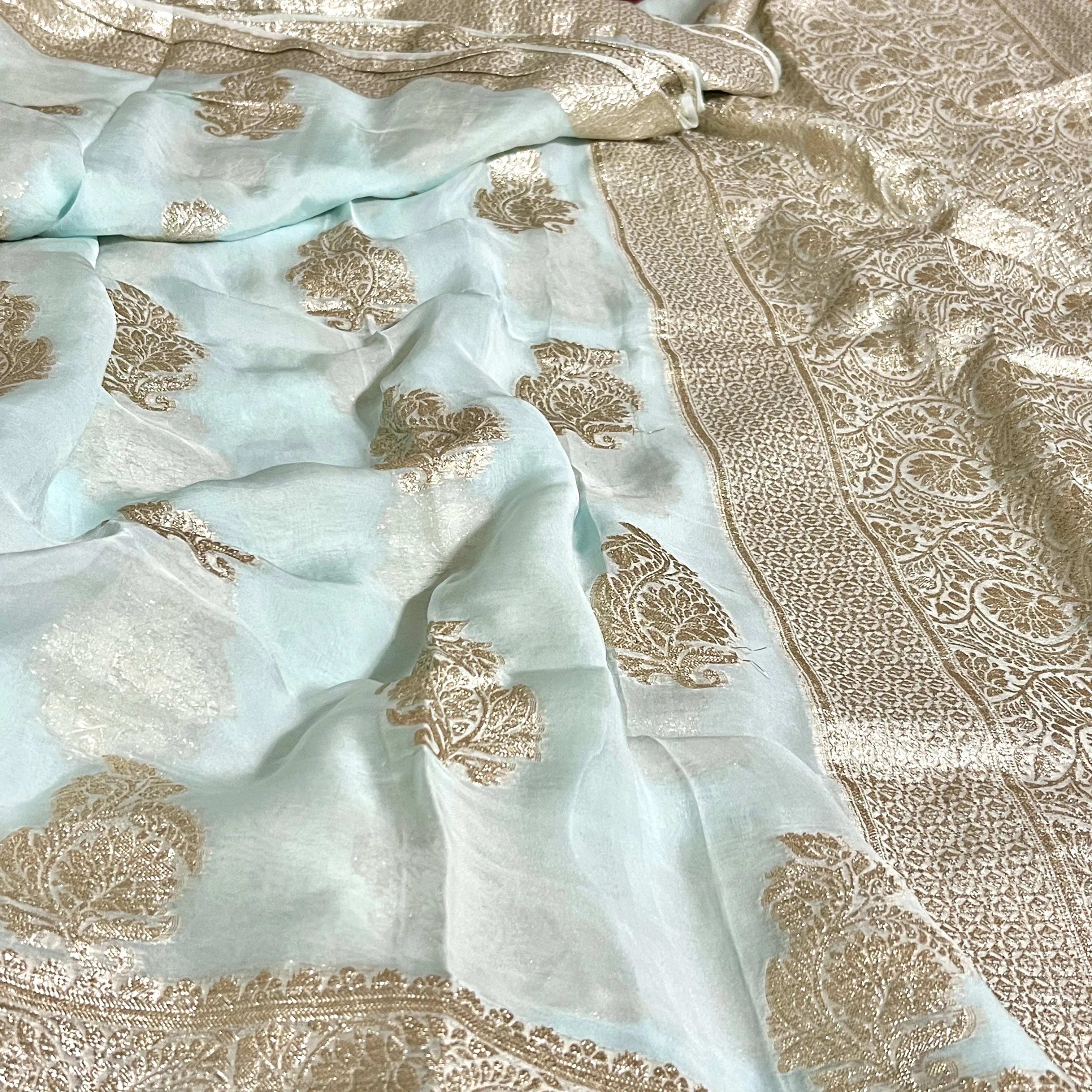 Light Pastel Blue Banarasi Russian Georgette Silk Saree with stitched Blouse