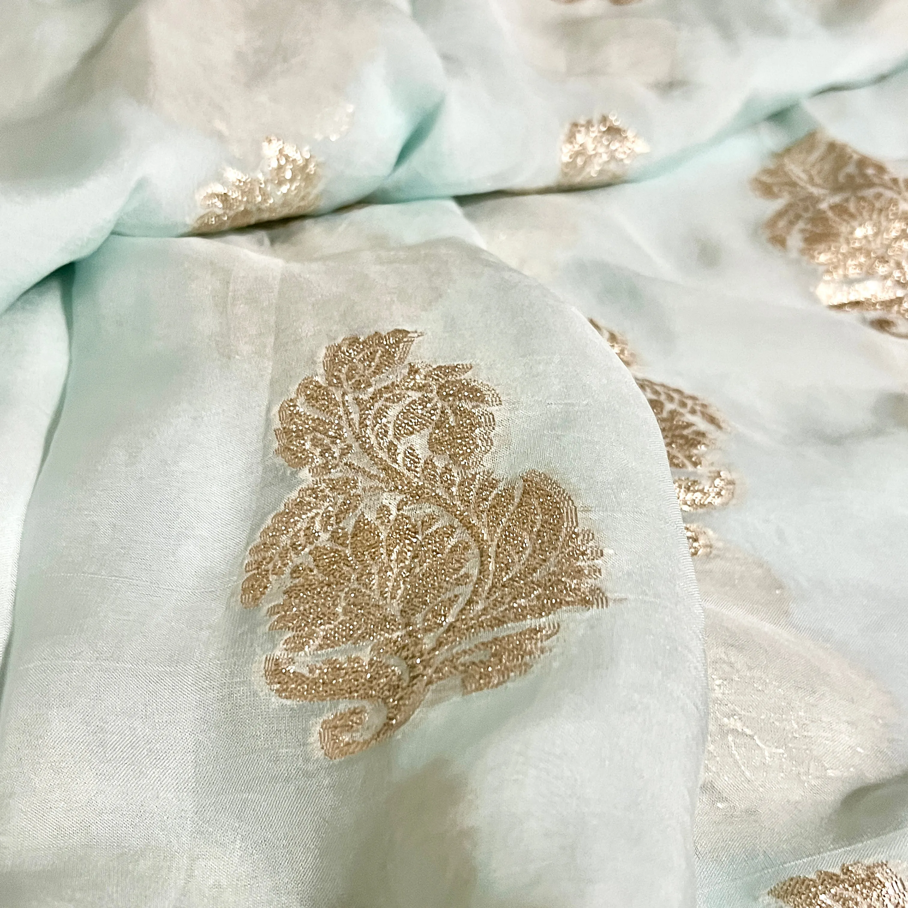 Light Pastel Blue Banarasi Russian Georgette Silk Saree with stitched Blouse