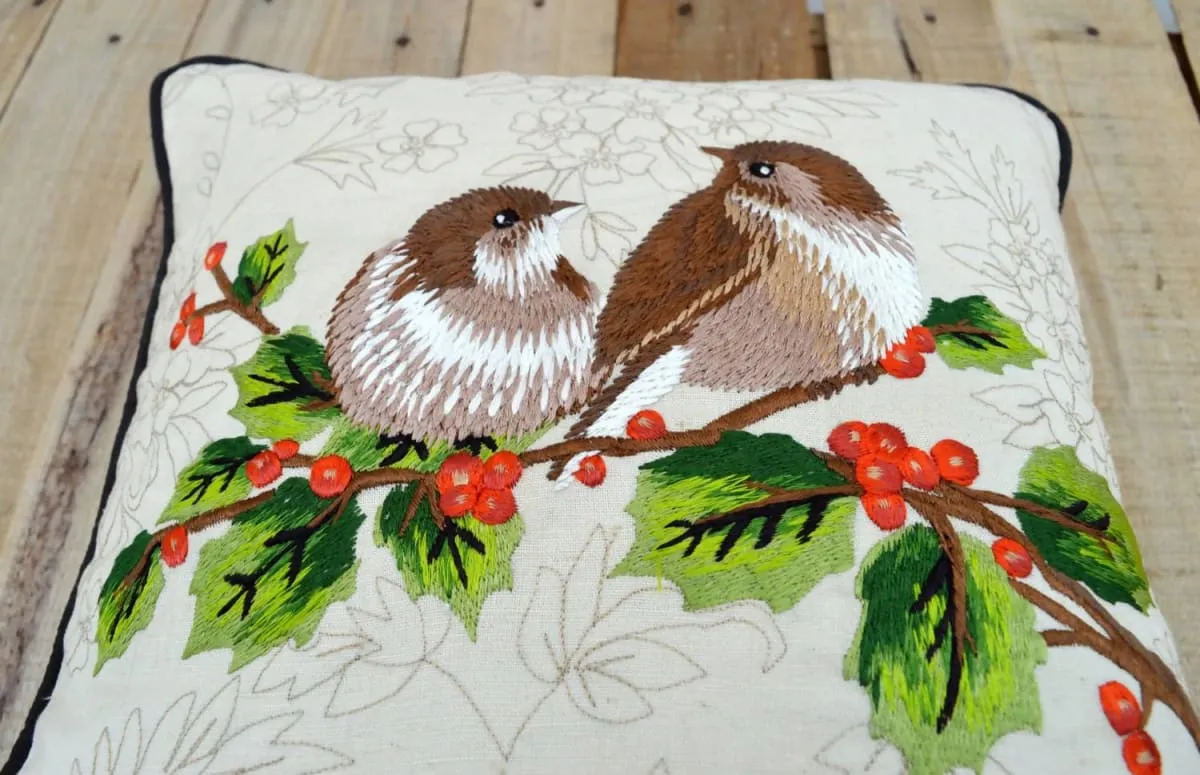 Love Birds pillow, embroidered, cotton throw pillow, 12X12 inches