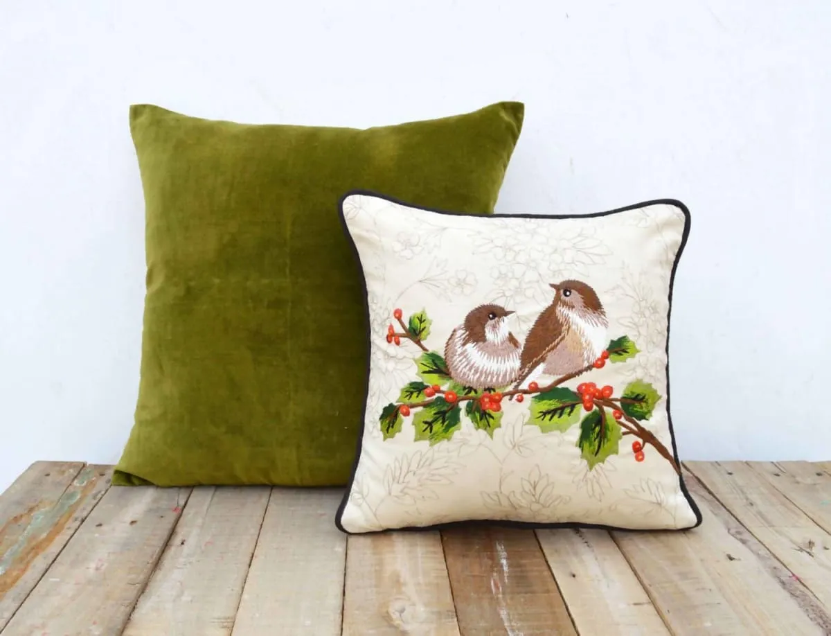 Love Birds pillow, embroidered, cotton throw pillow, 12X12 inches