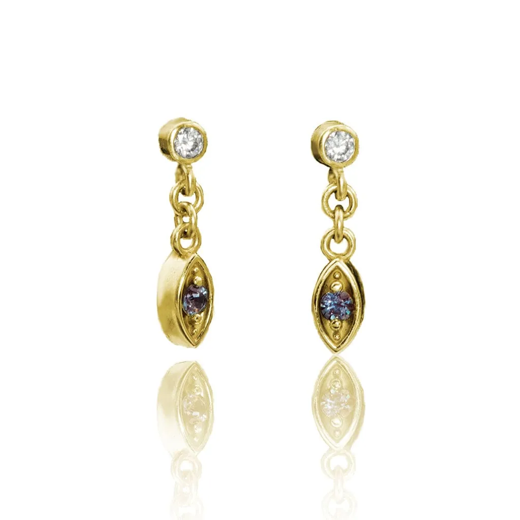 Moissanite & Alexandrite Marquise Shape Gold Dangle Earrings