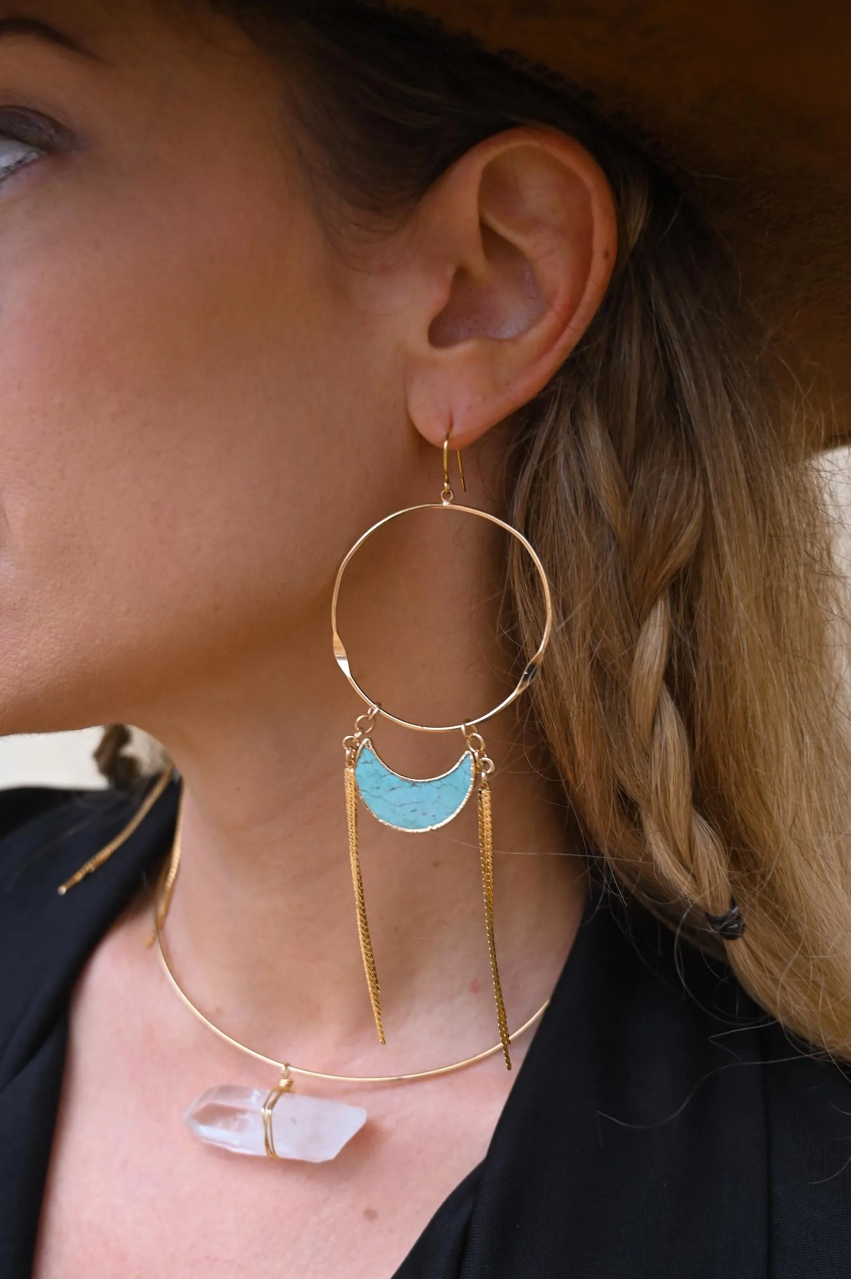 Moon Dusters Agate Fringe Gold Hoop Earrings