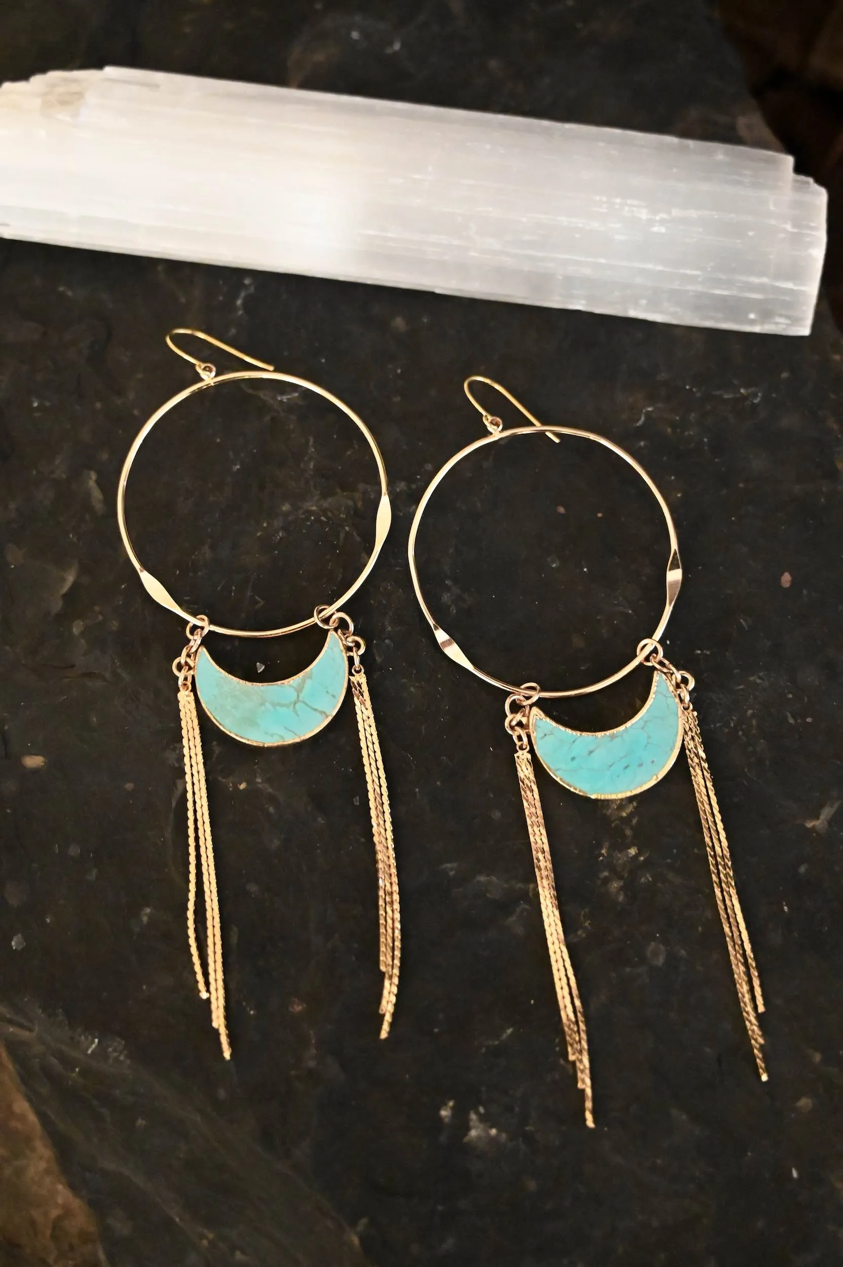 Moon Dusters Agate Fringe Gold Hoop Earrings