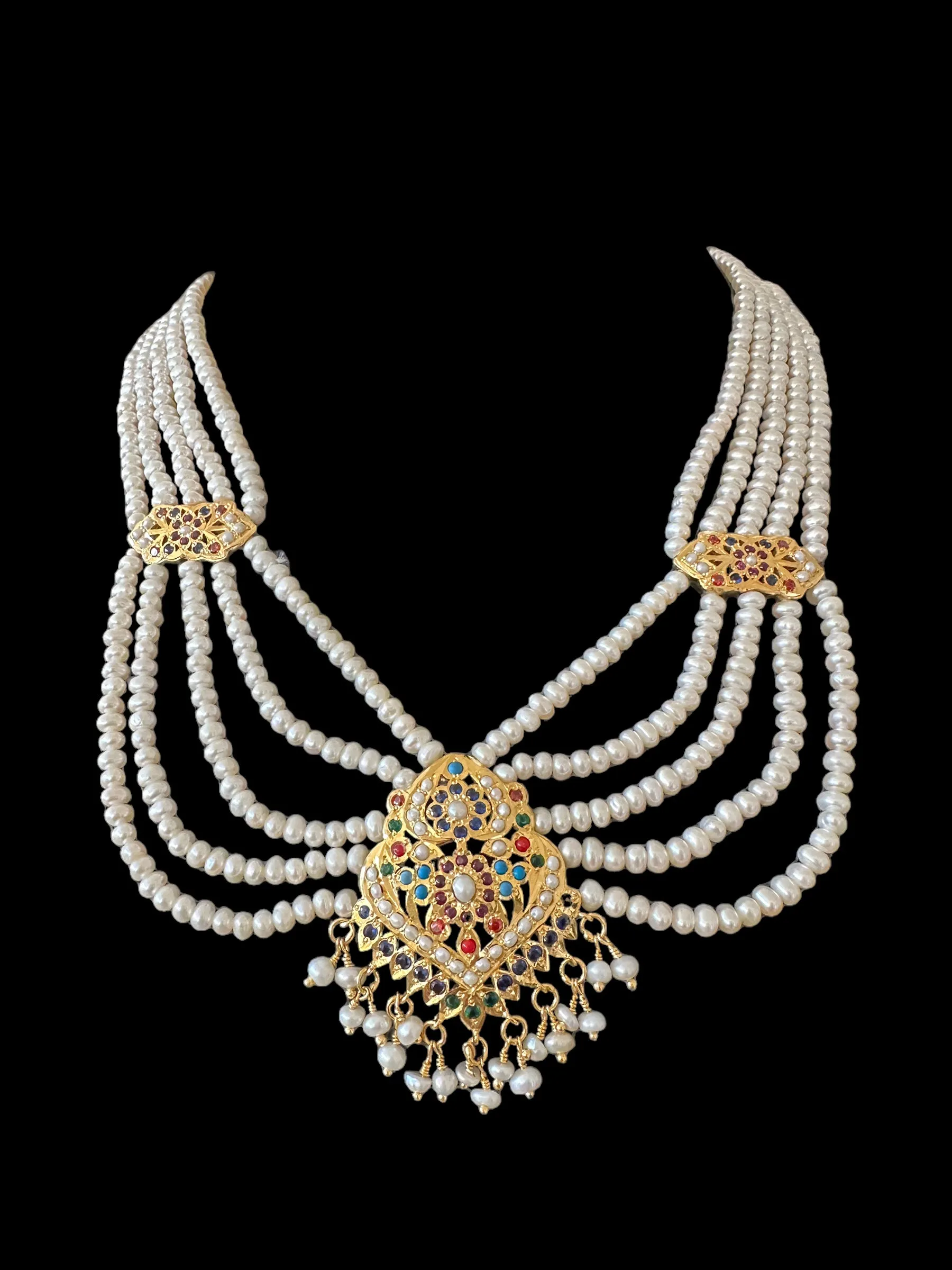 Navratan gold plated silver necklace with earrings in fresh water pearls ( READY TO SHIP )