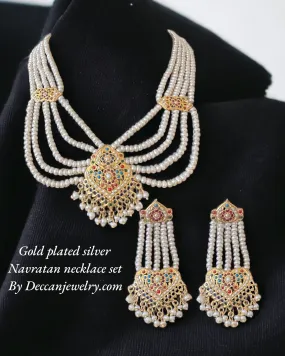 Navratan gold plated silver necklace with earrings in fresh water pearls ( READY TO SHIP )