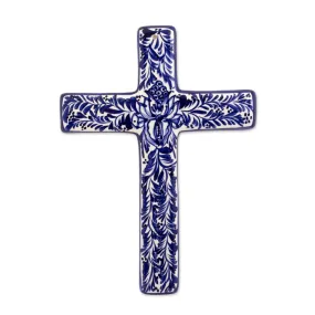 Novica Blue Leaves Ceramic Cross